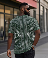 Men's Plus Size Green Vintage Print Henry Collar Button Short Sleeve T-Shirt